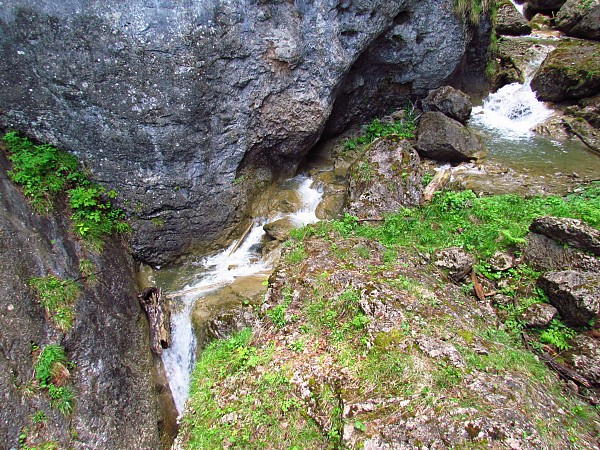 Malý potok s kaskádami tekoucí mezi porostlými kameny a skalami