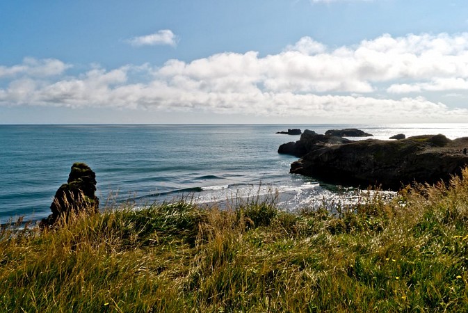 Pobřeží s travnatým útesem a skalními výběžky zasahujícími do moře