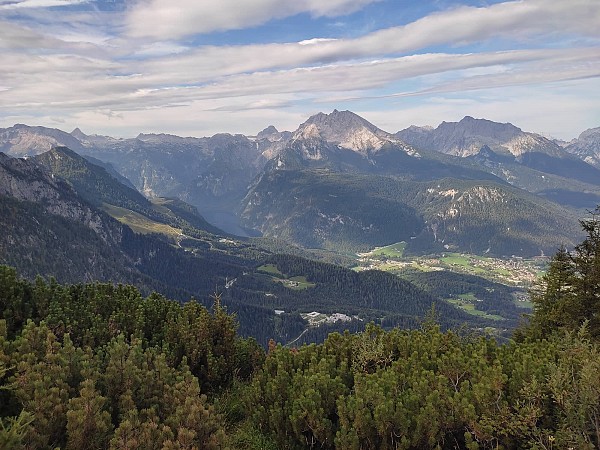Horské panorama s lesy a vzdálenými zasněženými vrcholy