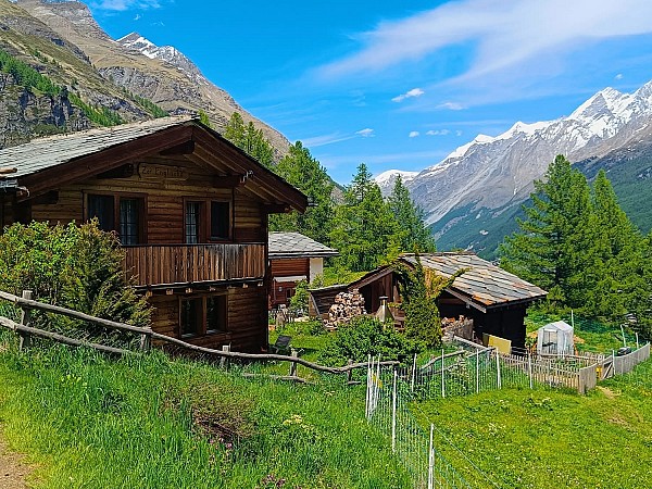 Dřevěné horské chalupy obklopené zelení s výhledem na zasněžené vrcholky hor