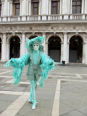 Osoba v tyrkysovém karnevalovém kostýmu a masce