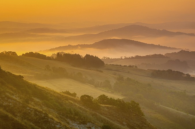 Kopcovitá krajina je zahalena do mlhy, přes kterou pronikají paprsky vycházejícího slunce a barví obzor do zlatavých odstínů