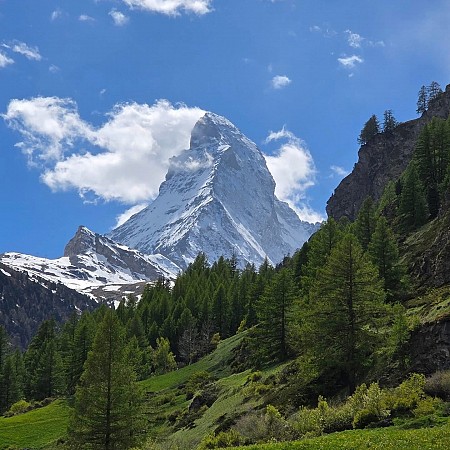 Výrazný zasněžený horský štít se strmými svahy, obklopený zelenými lesy a loukami pod modrou oblohou s několika oblaky